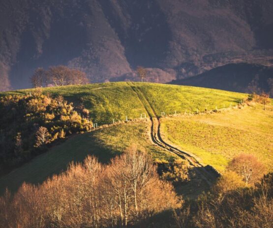 Colina iluminada por el sol al amanecer con montañas oscuras detrás Colina iluminada por el sol al amanecer con montañas oscuras detrás